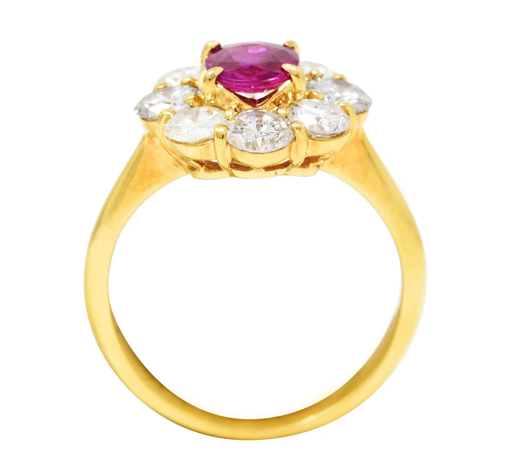 Contemporary 1.86 CTW Ruby Diamond 18 Karat Yellow Gold Cluster Ring