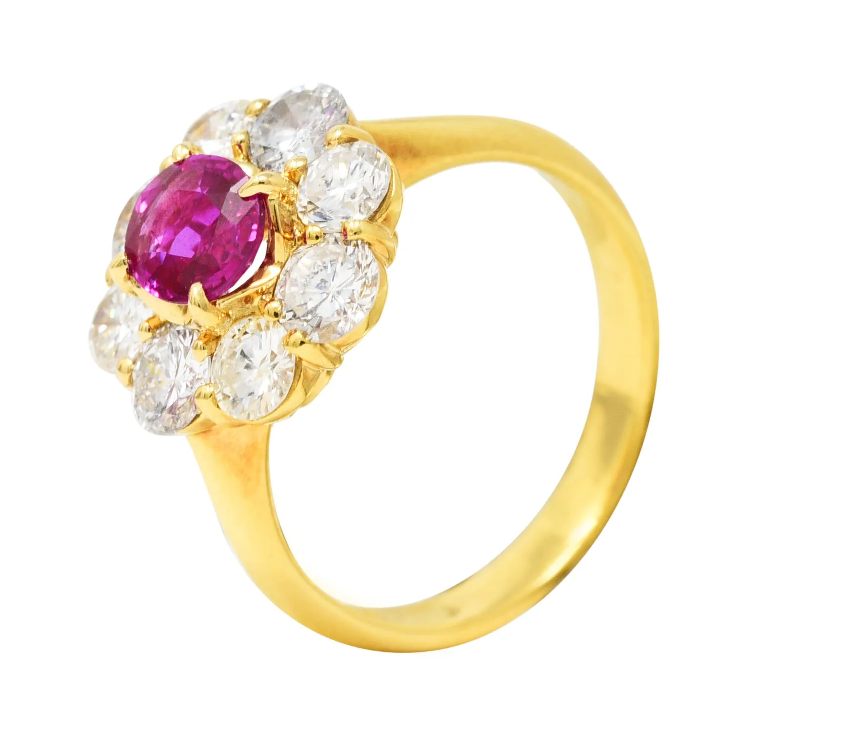 Contemporary 1.86 CTW Ruby Diamond 18 Karat Yellow Gold Cluster Ring