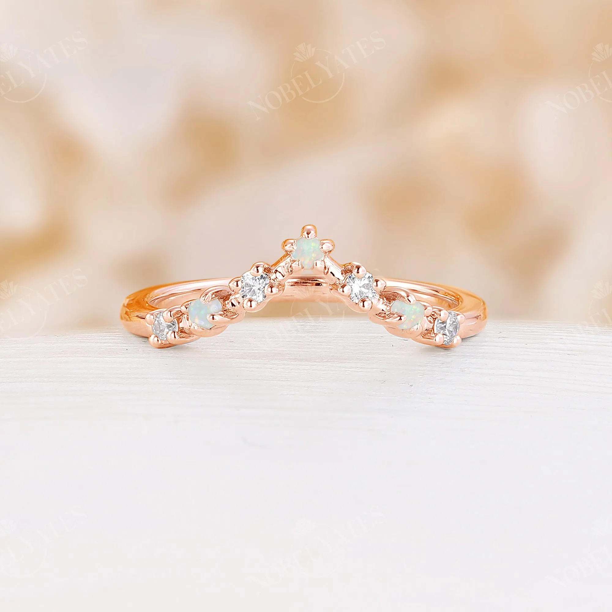 Curved Moissanite&White Opal Matching Band Rose Gold