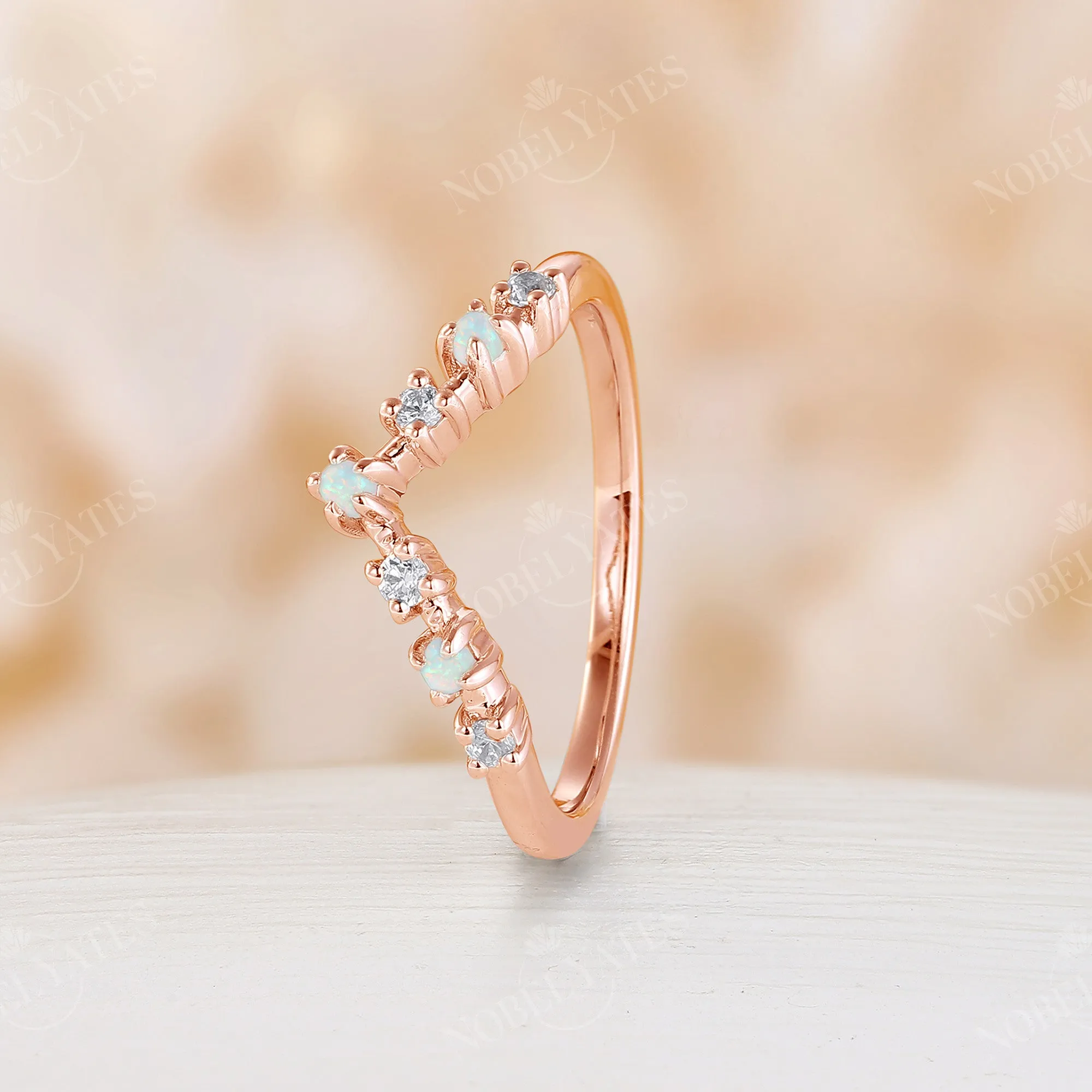 Curved Moissanite&White Opal Matching Band Rose Gold