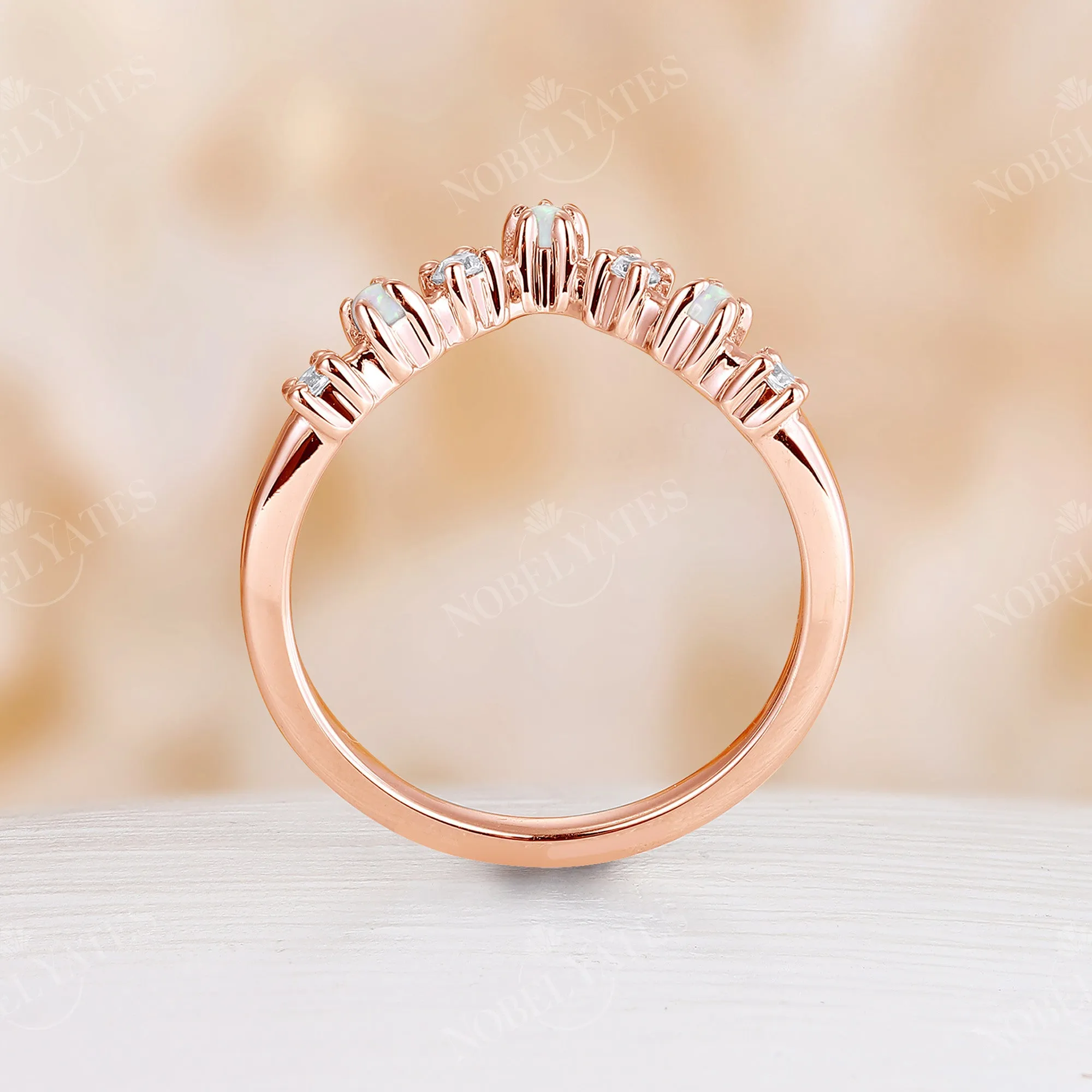 Curved Moissanite&White Opal Matching Band Rose Gold