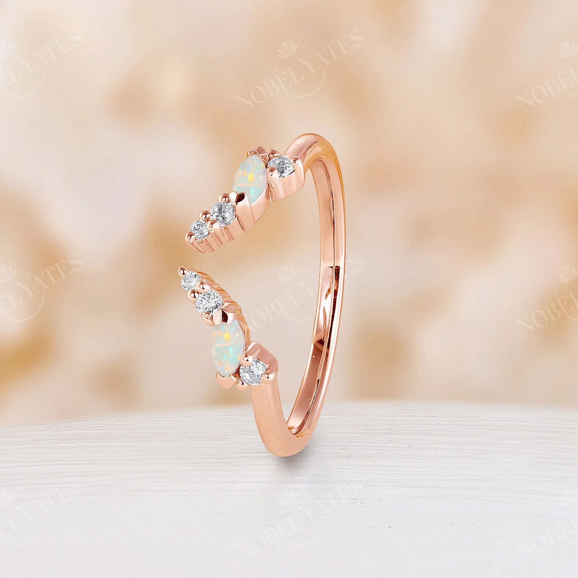 Curved Open Curved White Opal Matching Band Rose Gold