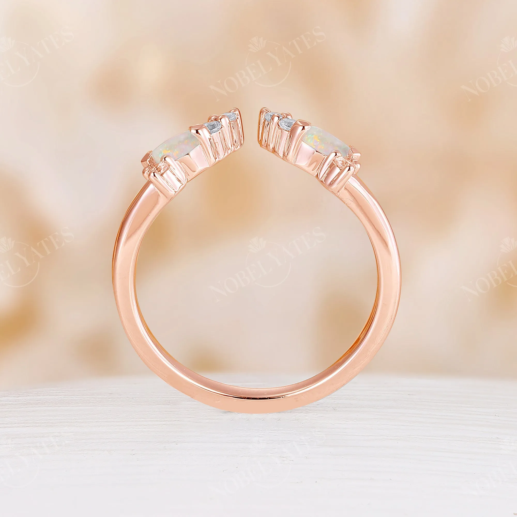 Curved Open Curved White Opal Matching Band Rose Gold