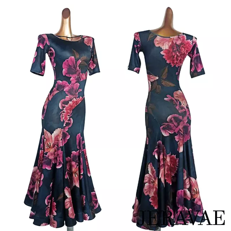 Dark Azure and Pink Floral Ballroom Practice Dress with Half Sleeves, Wrapped Horsehair Hem, and Necklace Detail with Pearl Pend