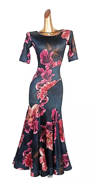 Dark Azure and Pink Floral Ballroom Practice Dress with Half Sleeves, Wrapped Horsehair Hem, and Necklace Detail with Pearl Pend