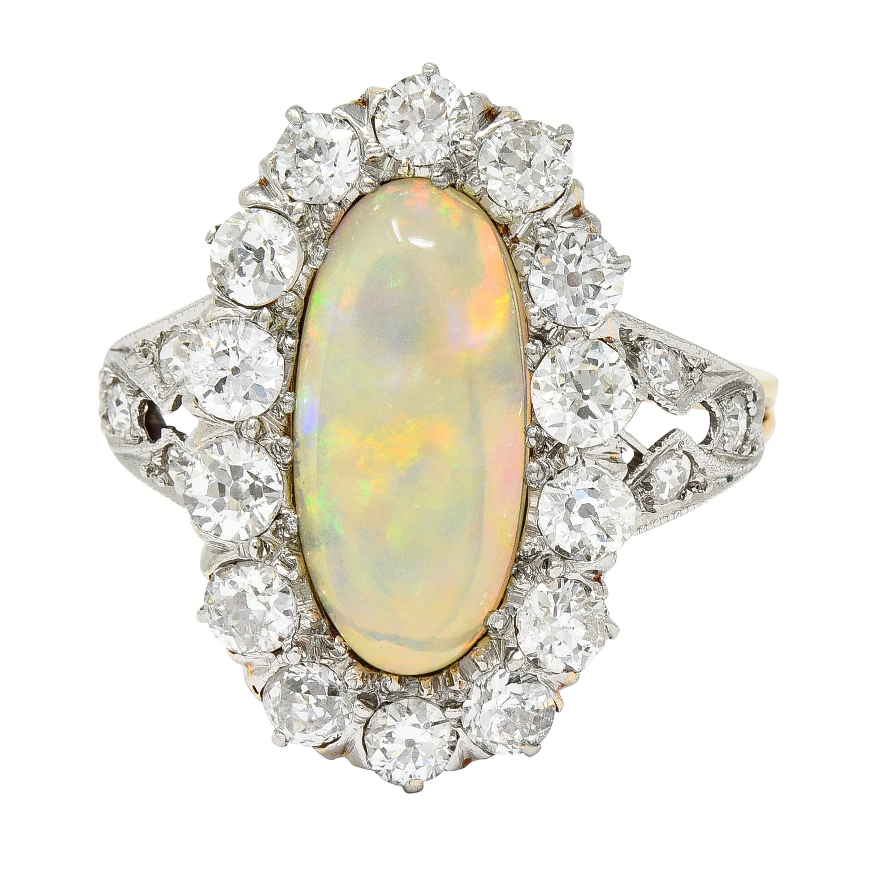 Edwardian Jelly Opal Diamond Platinum-Topped 14 Karat Gold Cluster Ring