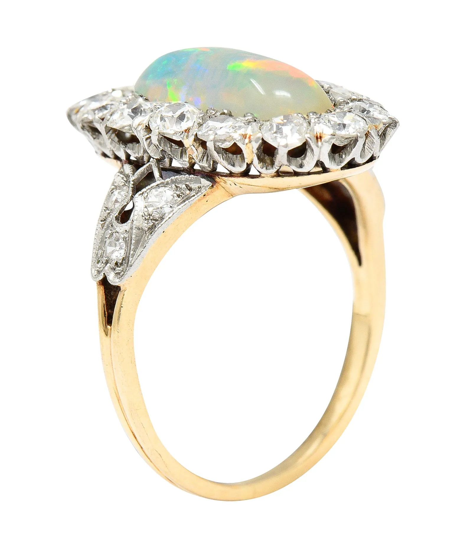 Edwardian Jelly Opal Diamond Platinum-Topped 14 Karat Gold Cluster Ring