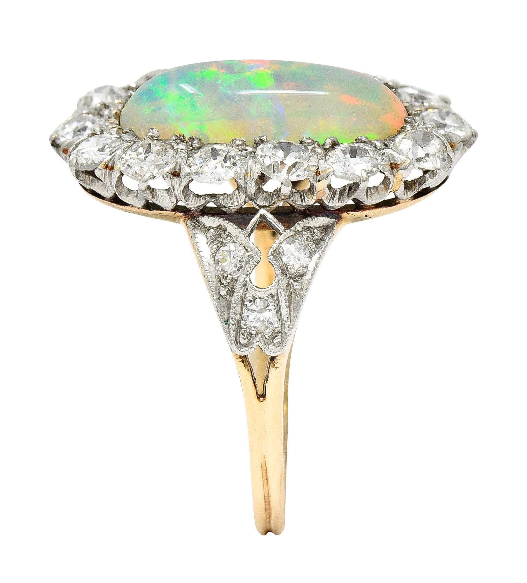 Edwardian Jelly Opal Diamond Platinum-Topped 14 Karat Gold Cluster Ring