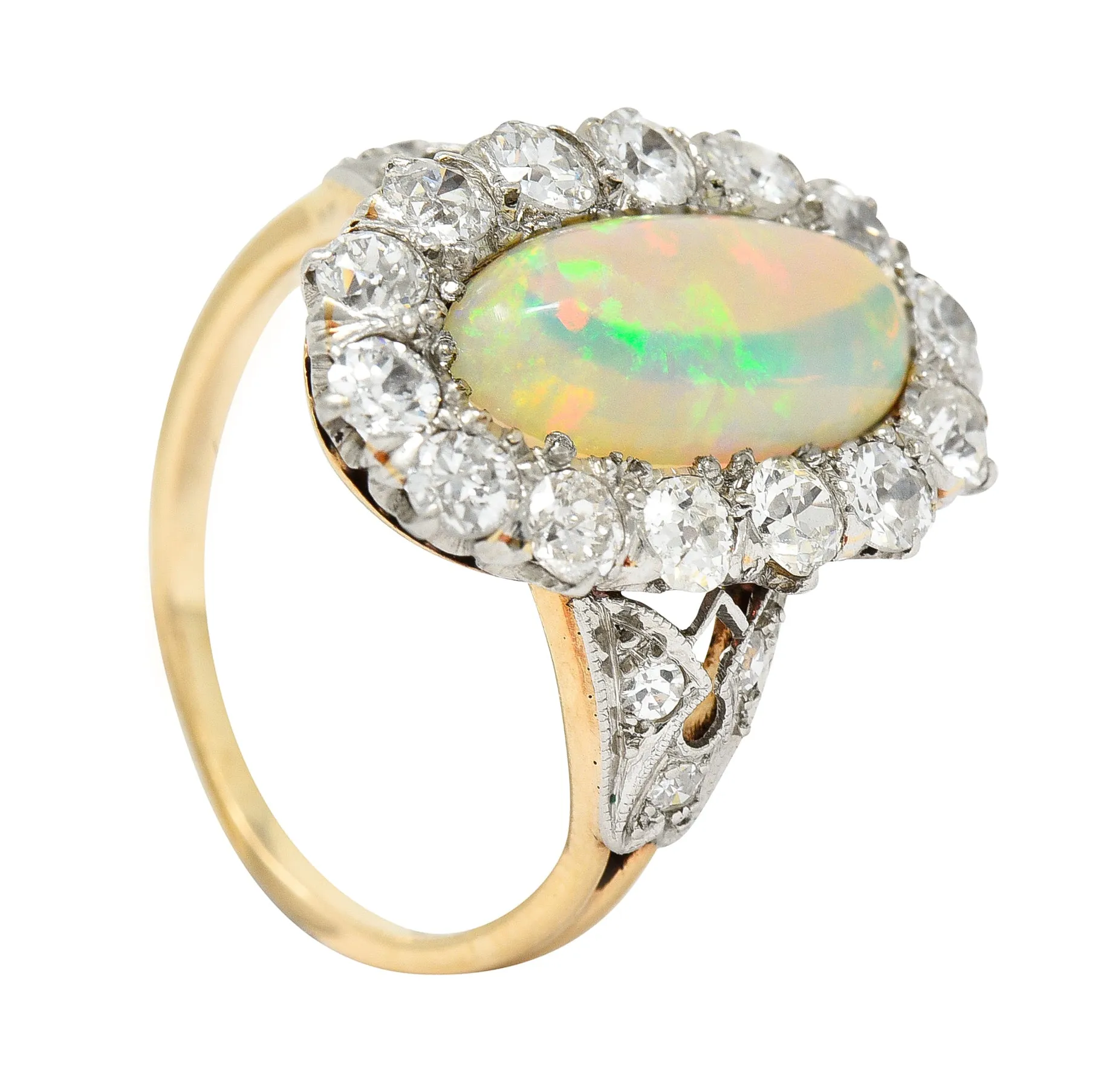 Edwardian Jelly Opal Diamond Platinum-Topped 14 Karat Gold Cluster Ring