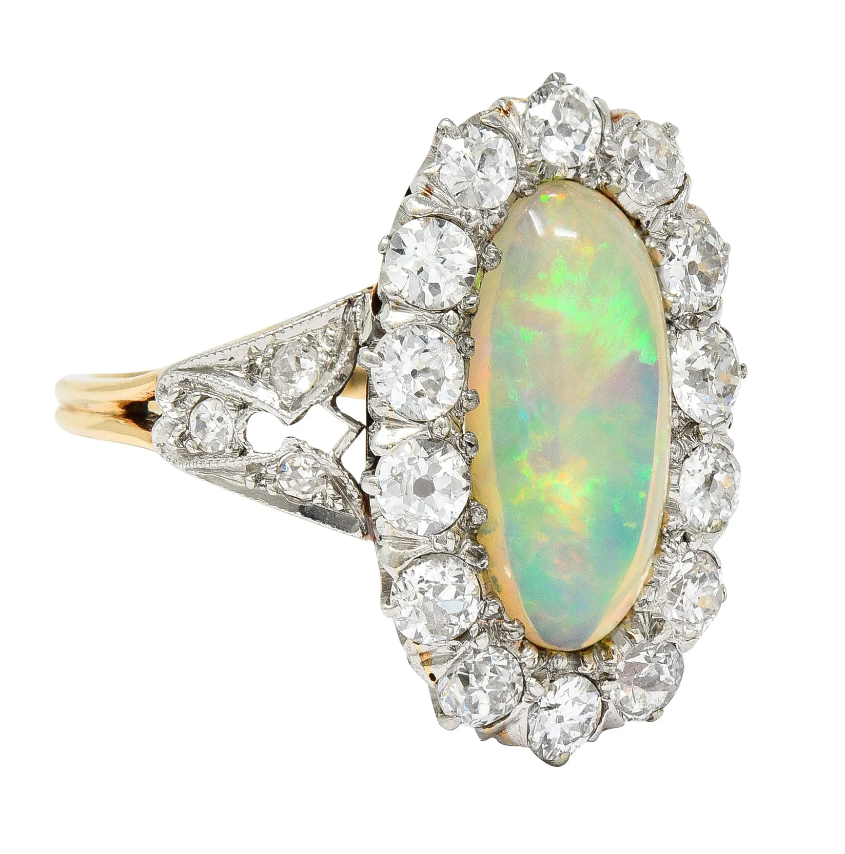 Edwardian Jelly Opal Diamond Platinum-Topped 14 Karat Gold Cluster Ring