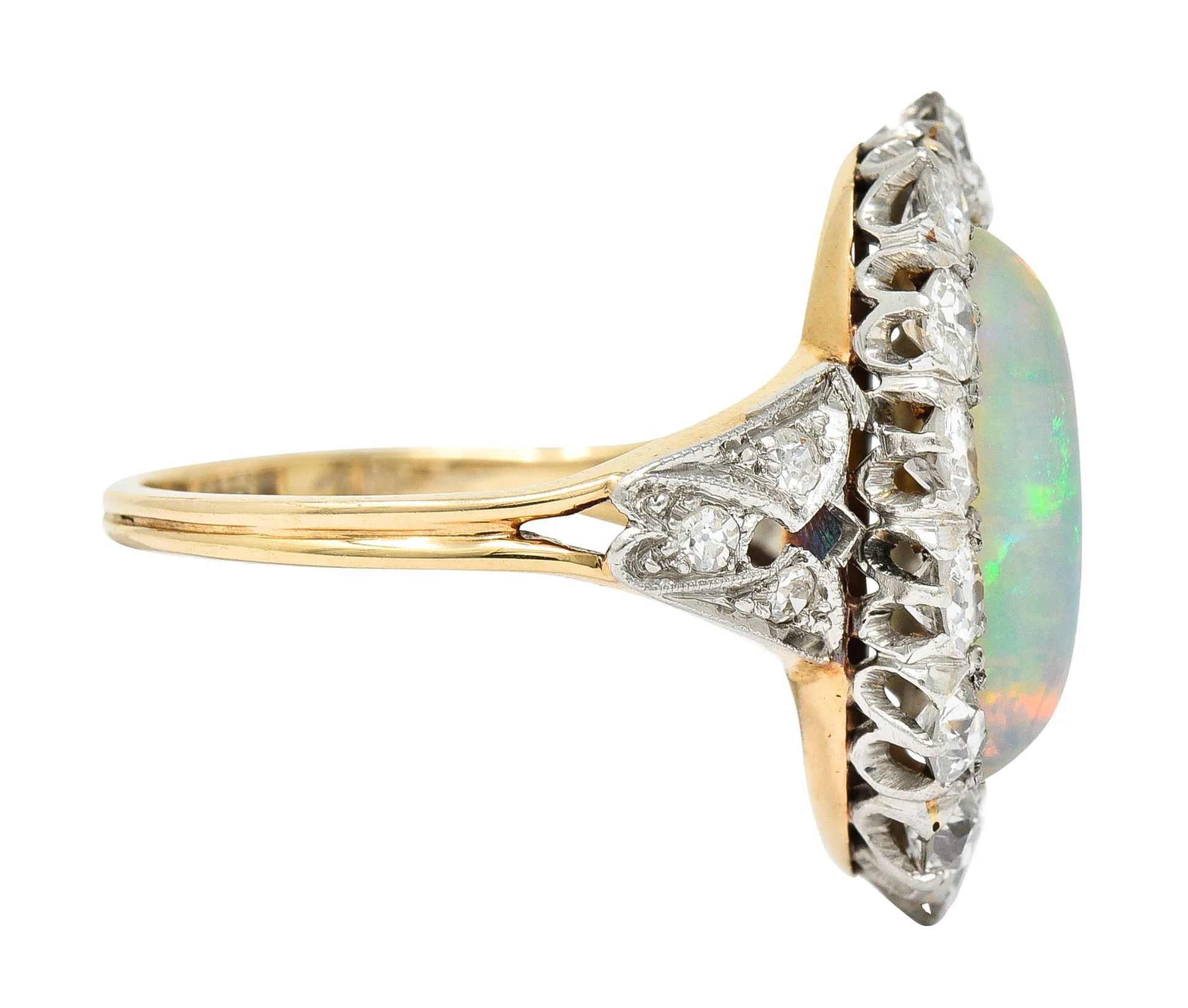 Edwardian Jelly Opal Diamond Platinum-Topped 14 Karat Gold Cluster Ring