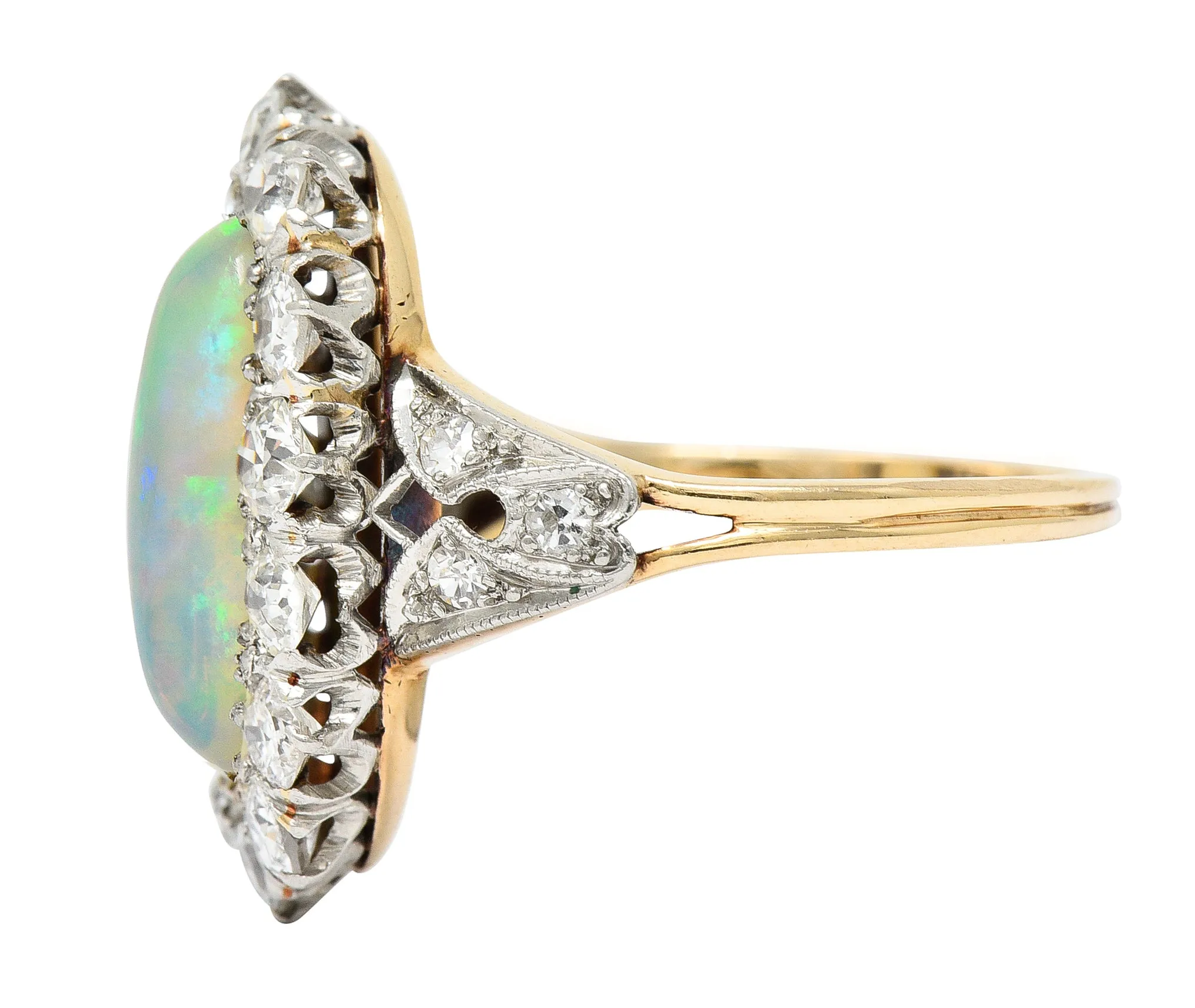 Edwardian Jelly Opal Diamond Platinum-Topped 14 Karat Gold Cluster Ring