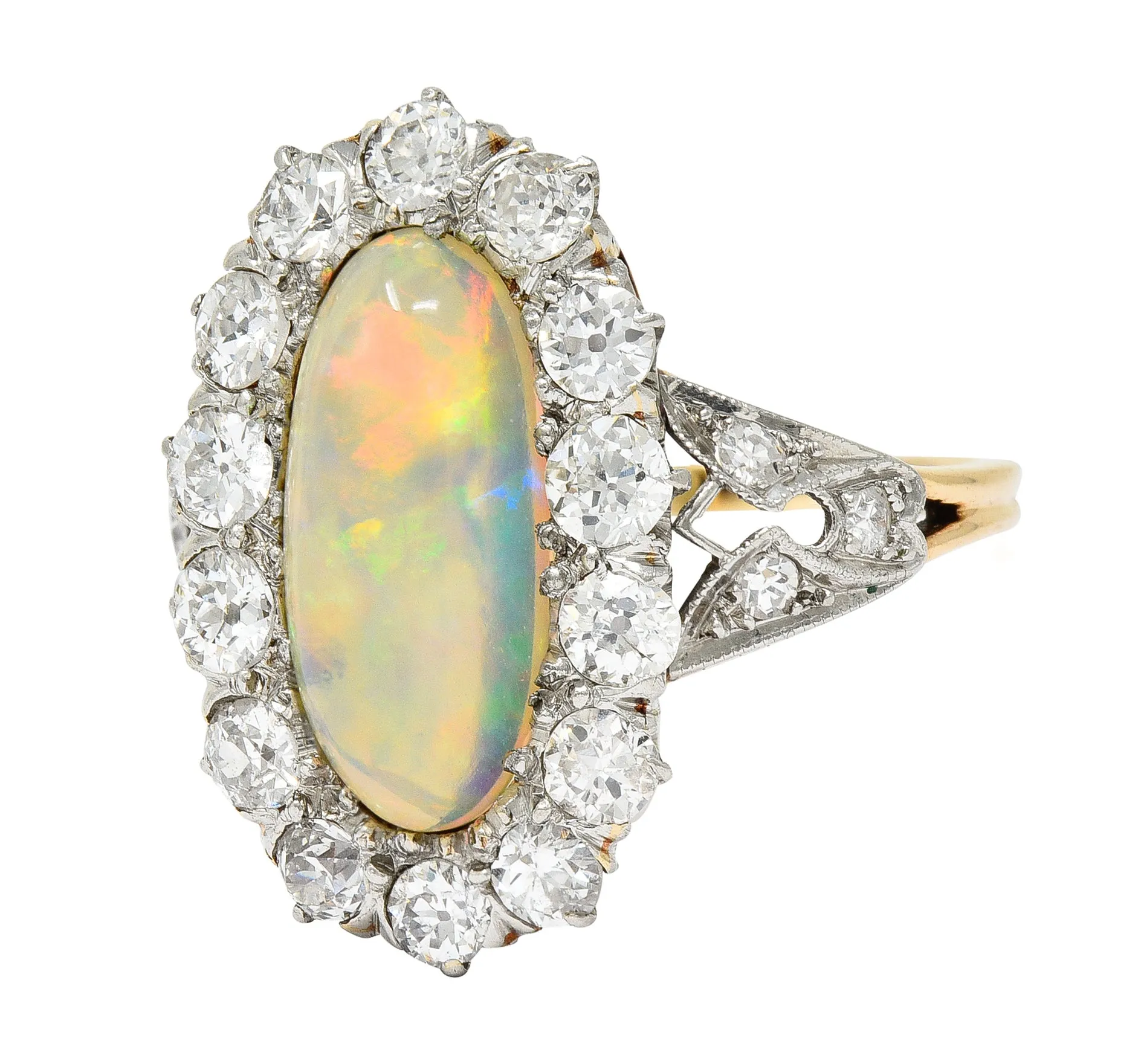 Edwardian Jelly Opal Diamond Platinum-Topped 14 Karat Gold Cluster Ring