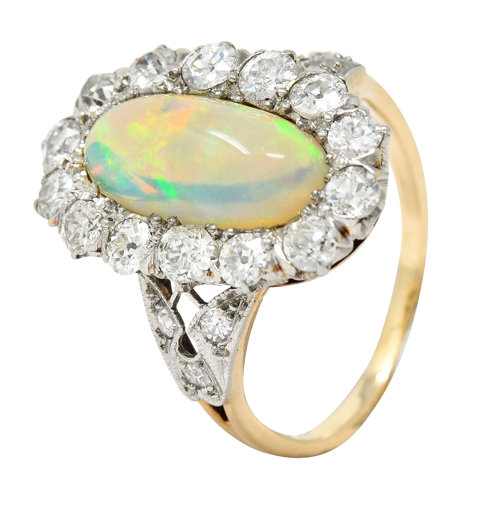 Edwardian Jelly Opal Diamond Platinum-Topped 14 Karat Gold Cluster Ring