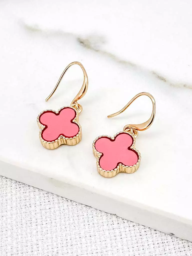 Envy Clover Drop Earrings - Gold & Pink