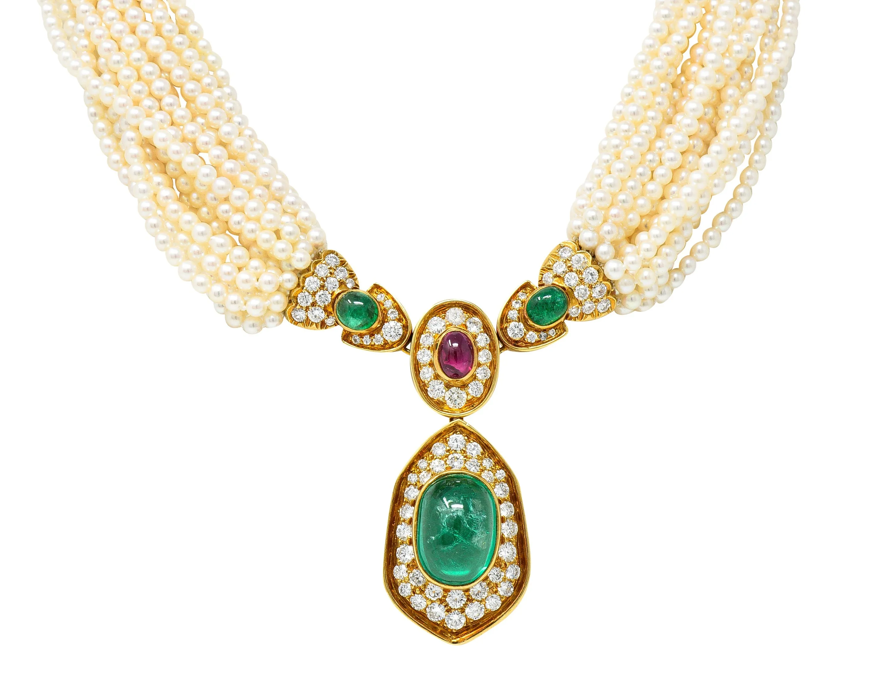 Exceptional Harry Winston Pearl 26.35 CTW Colombian Emerald Ruby Diamond 18 Karat Yellow Gold Multi-Strand Necklace AGL