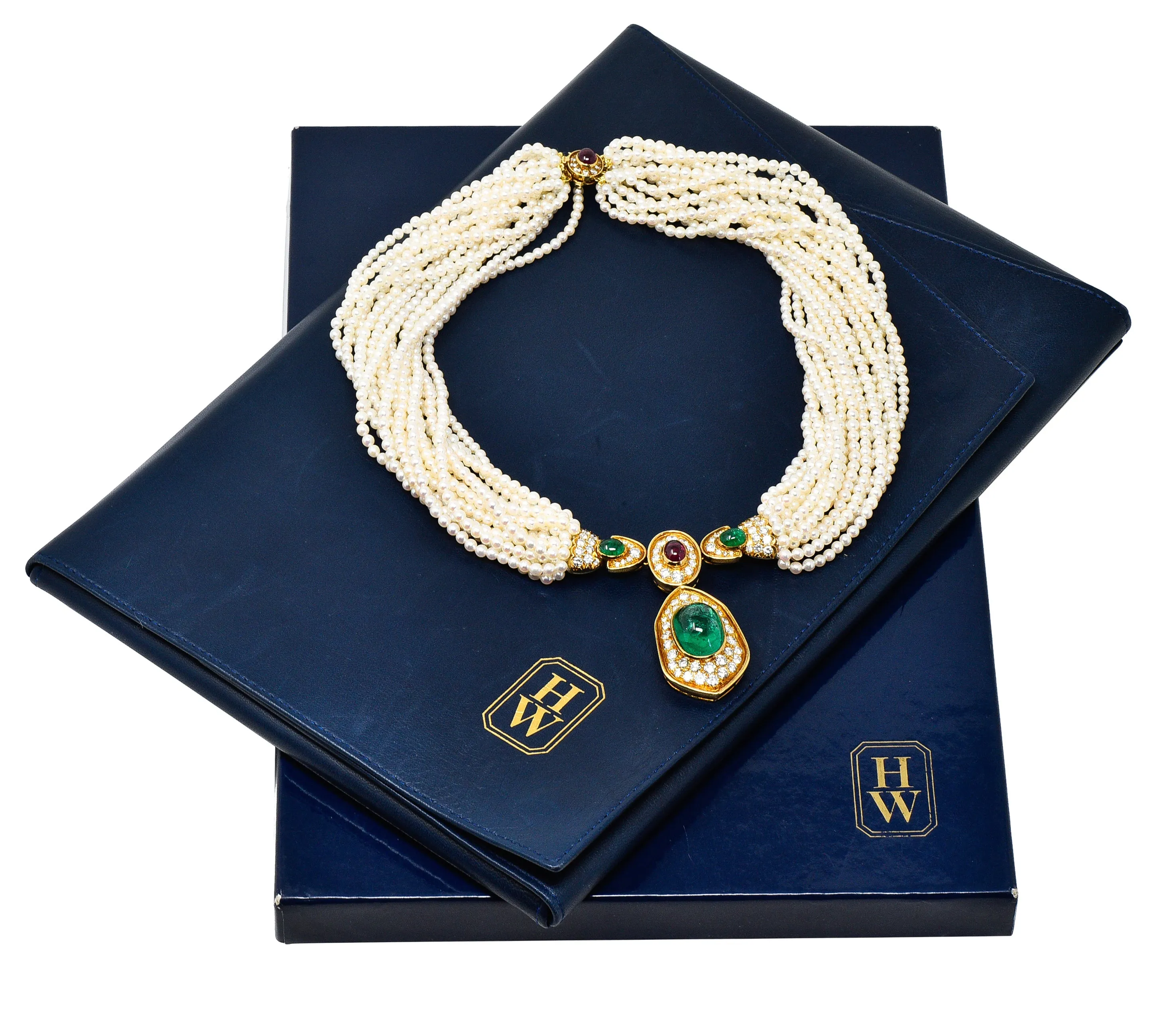 Exceptional Harry Winston Pearl 26.35 CTW Colombian Emerald Ruby Diamond 18 Karat Yellow Gold Multi-Strand Necklace AGL