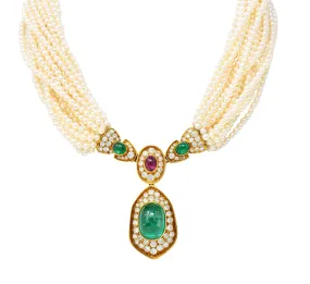 Exceptional Harry Winston Pearl 26.35 CTW Colombian Emerald Ruby Diamond 18 Karat Yellow Gold Multi-Strand Necklace AGL