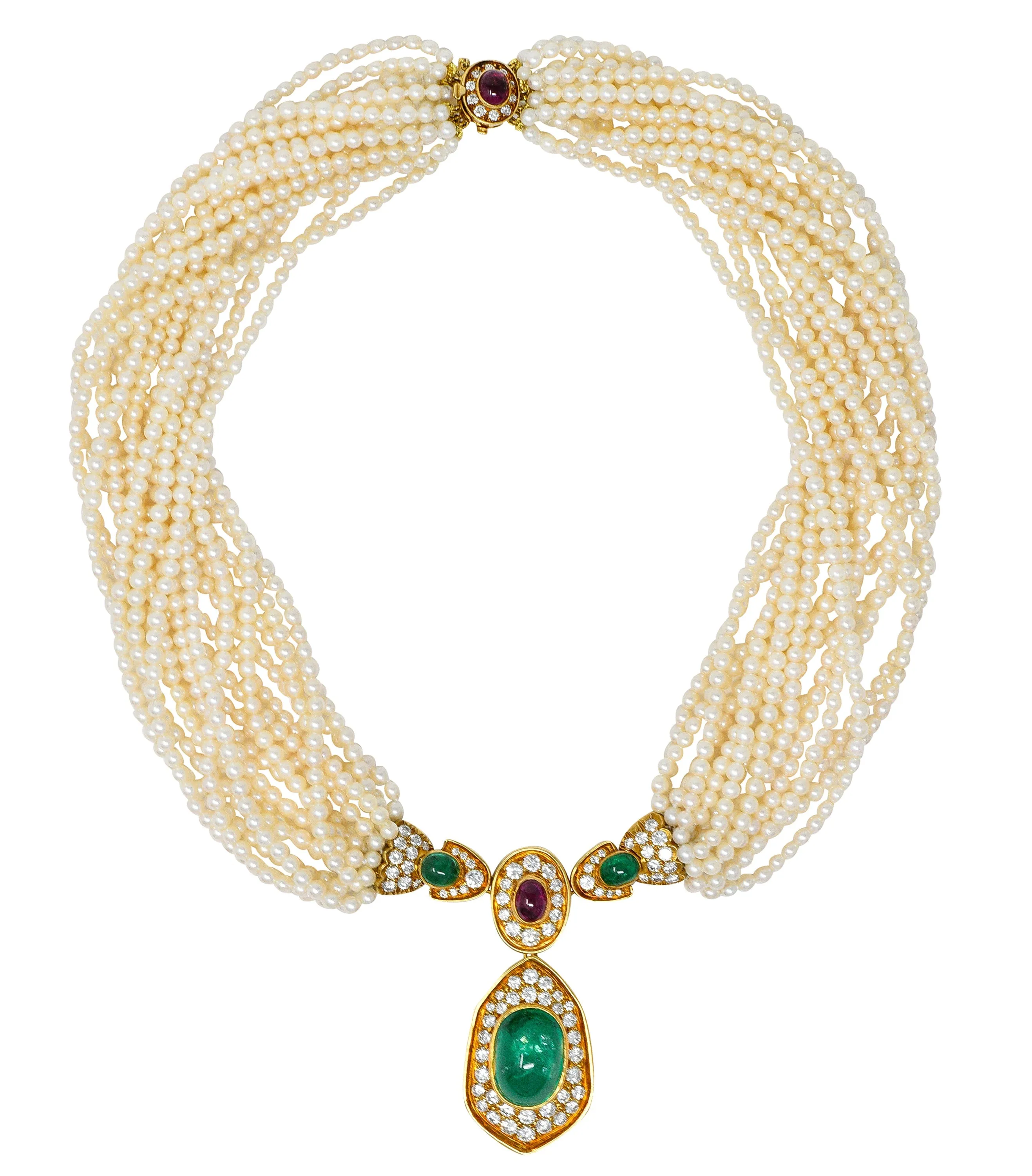 Exceptional Harry Winston Pearl 26.35 CTW Colombian Emerald Ruby Diamond 18 Karat Yellow Gold Multi-Strand Necklace AGL