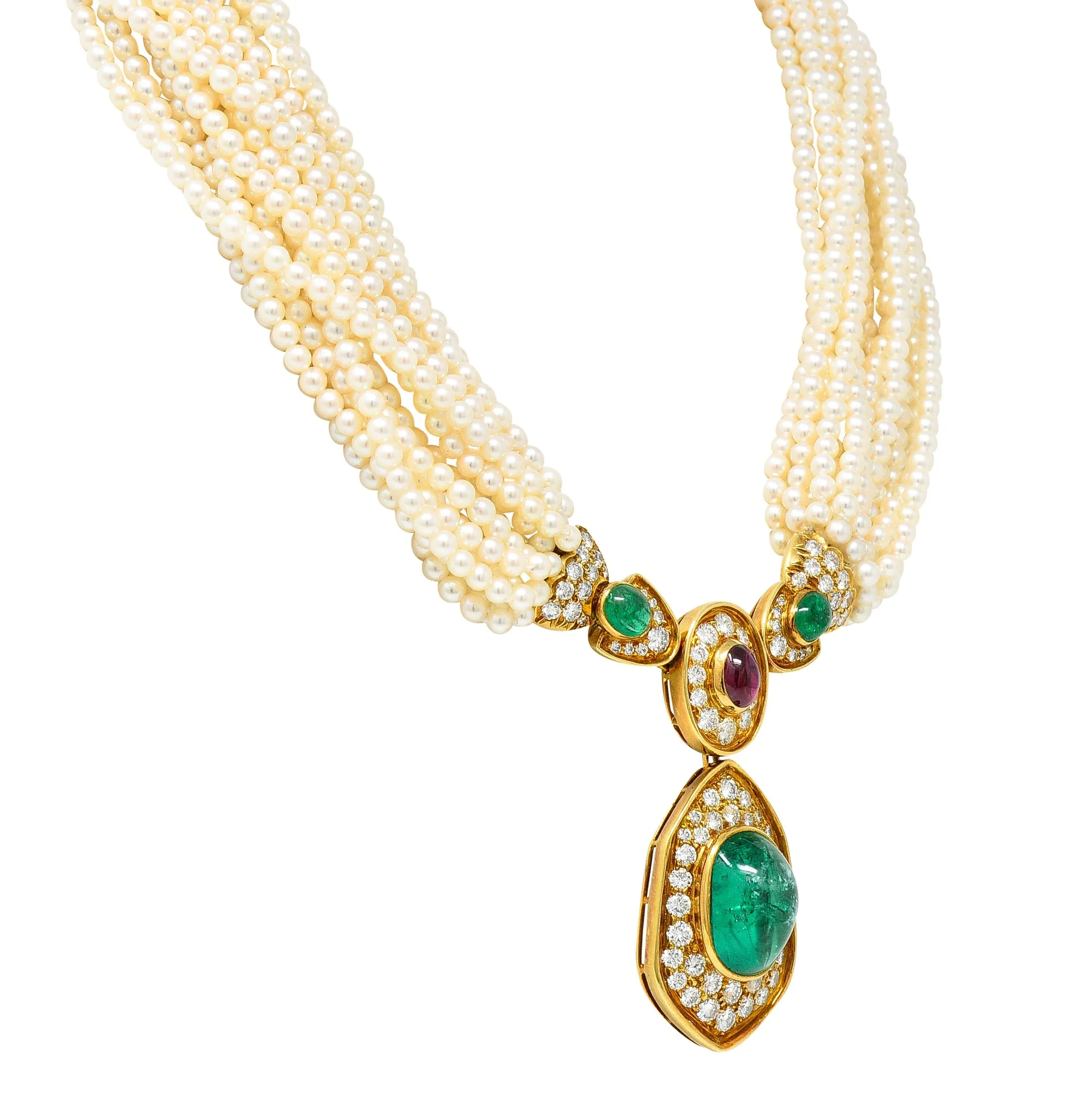 Exceptional Harry Winston Pearl 26.35 CTW Colombian Emerald Ruby Diamond 18 Karat Yellow Gold Multi-Strand Necklace AGL