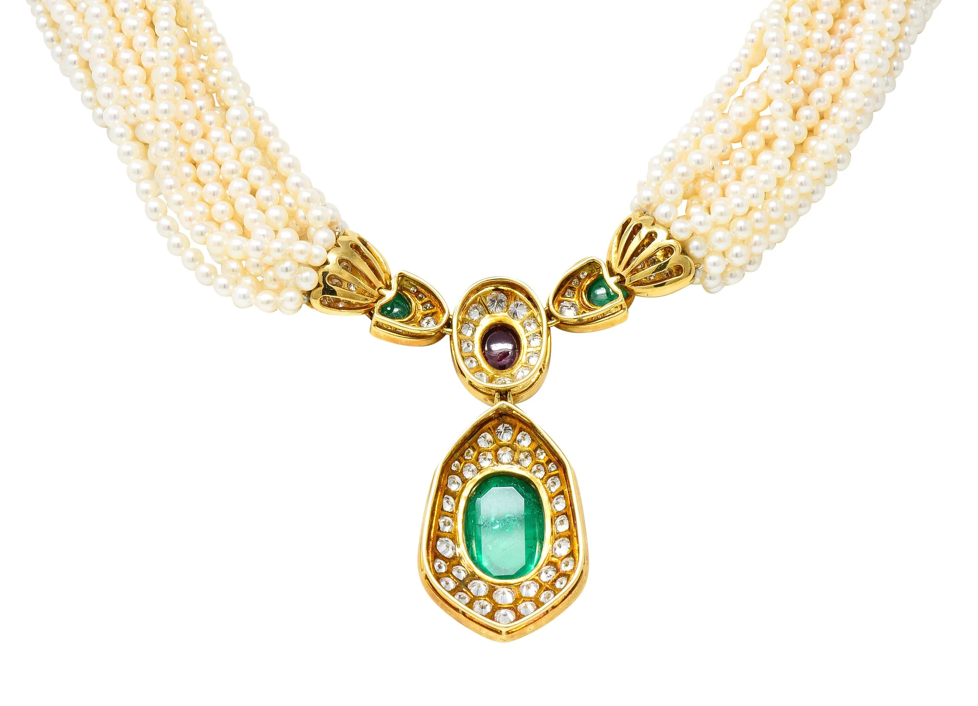 Exceptional Harry Winston Pearl 26.35 CTW Colombian Emerald Ruby Diamond 18 Karat Yellow Gold Multi-Strand Necklace AGL