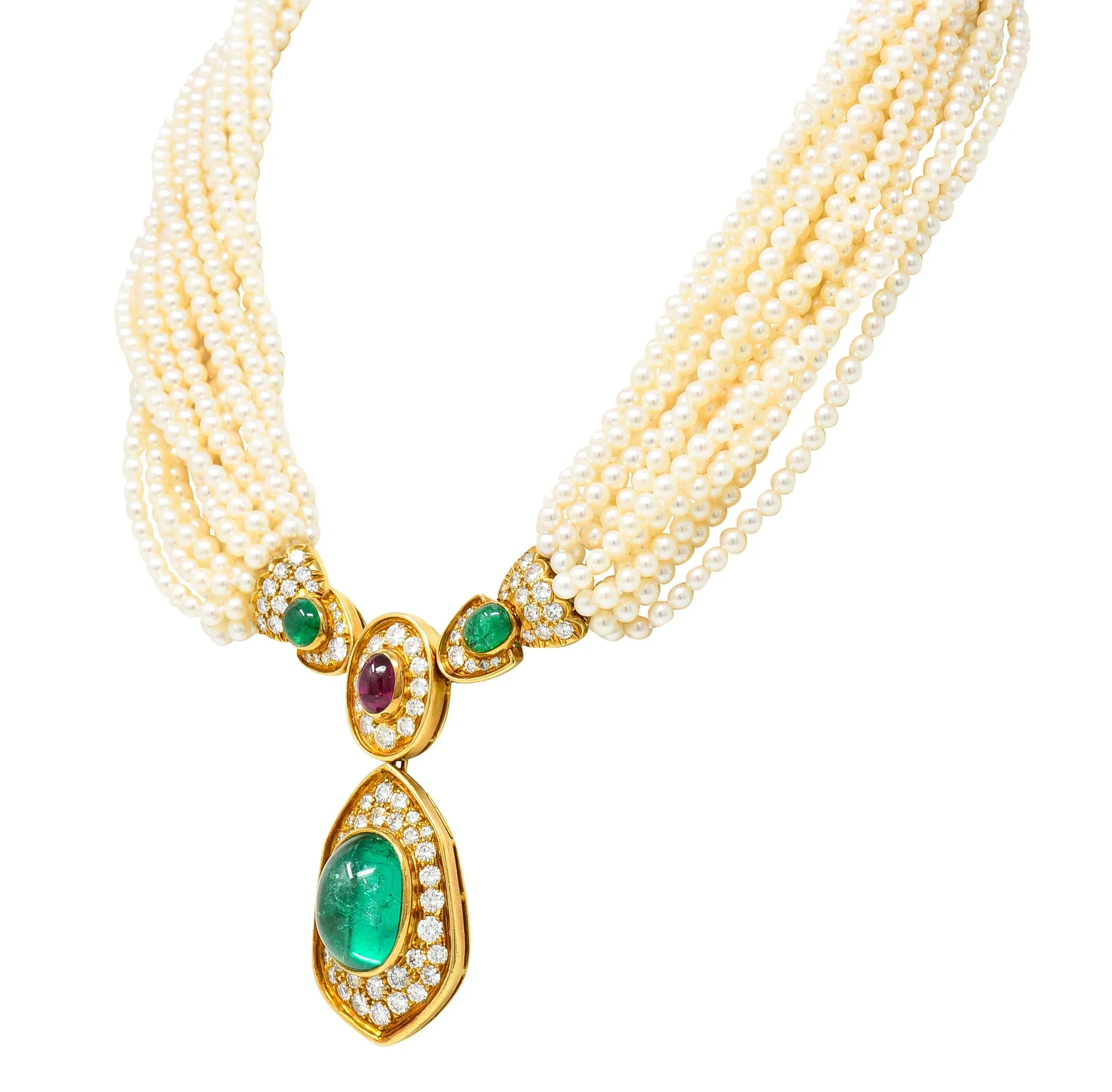 Exceptional Harry Winston Pearl 26.35 CTW Colombian Emerald Ruby Diamond 18 Karat Yellow Gold Multi-Strand Necklace AGL