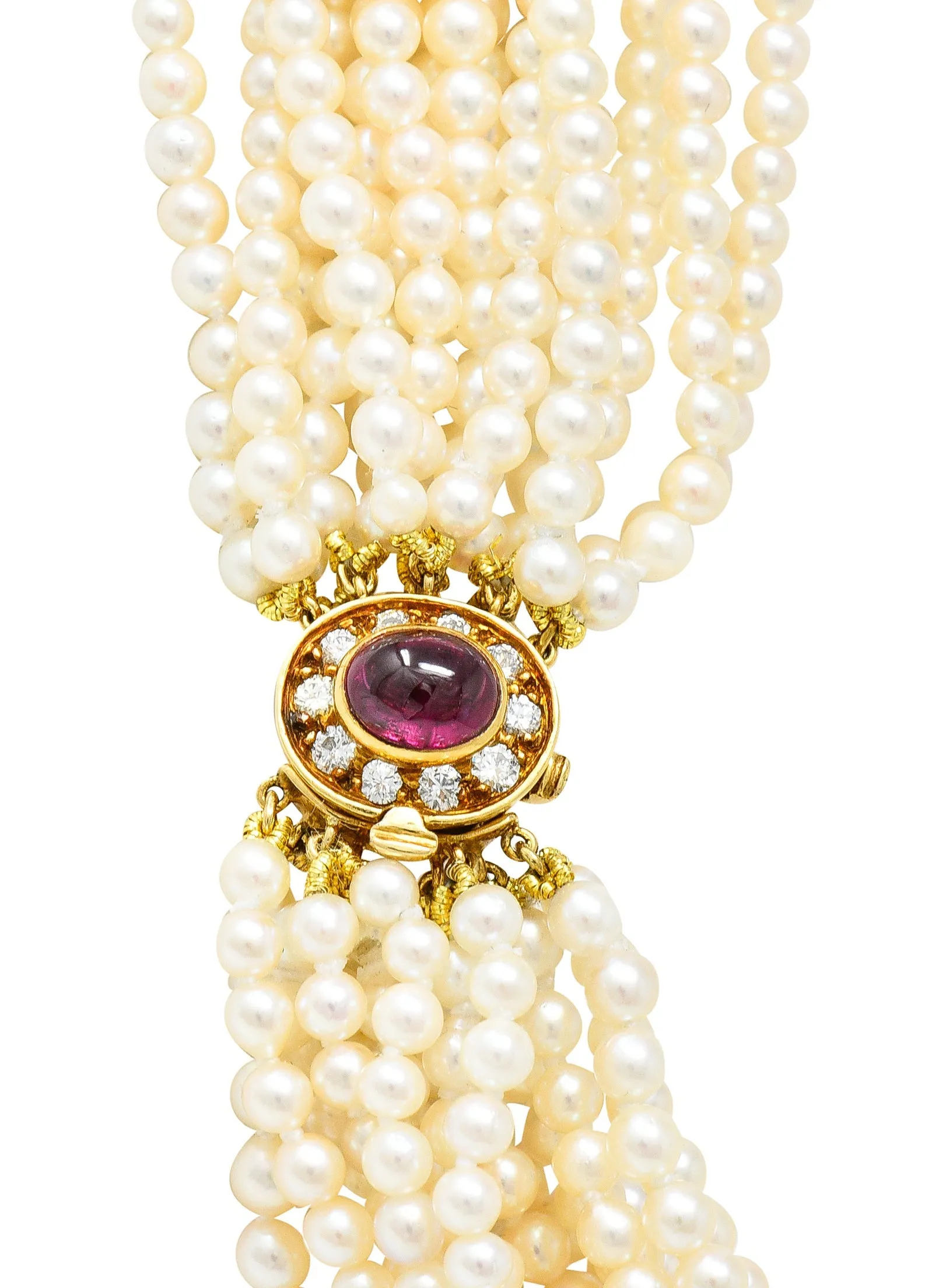 Exceptional Harry Winston Pearl 26.35 CTW Colombian Emerald Ruby Diamond 18 Karat Yellow Gold Multi-Strand Necklace AGL