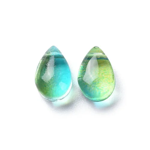 Glass Beads, Teardrop, Transparent, Top Drilled, Two-Tone, Turquoise, Green, 9mm