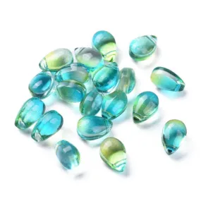 Glass Beads, Teardrop, Transparent, Top Drilled, Two-Tone, Turquoise, Green, 9mm