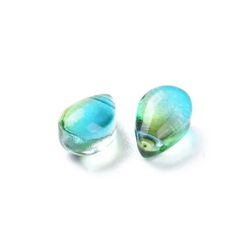 Glass Beads, Teardrop, Transparent, Top Drilled, Two-Tone, Turquoise, Green, 9mm