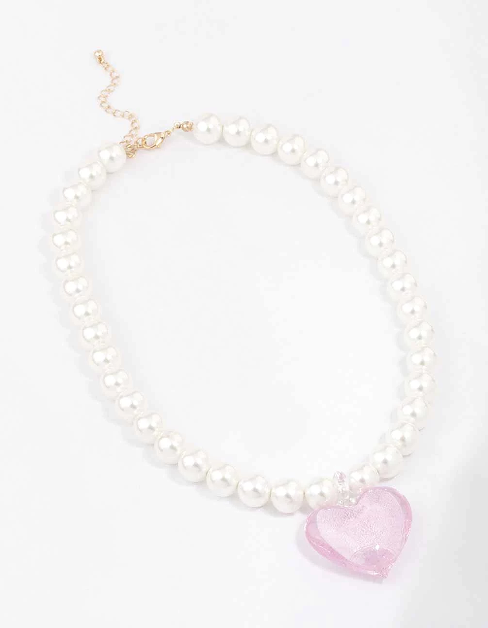 Gold & Pink Pearl Puffy Heart Necklace