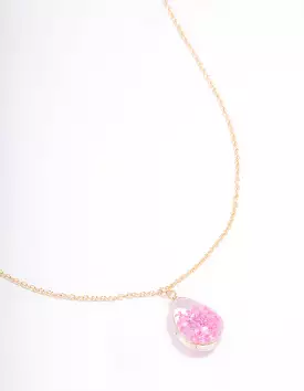 Gold Pink Resin Flower Pendant Necklace