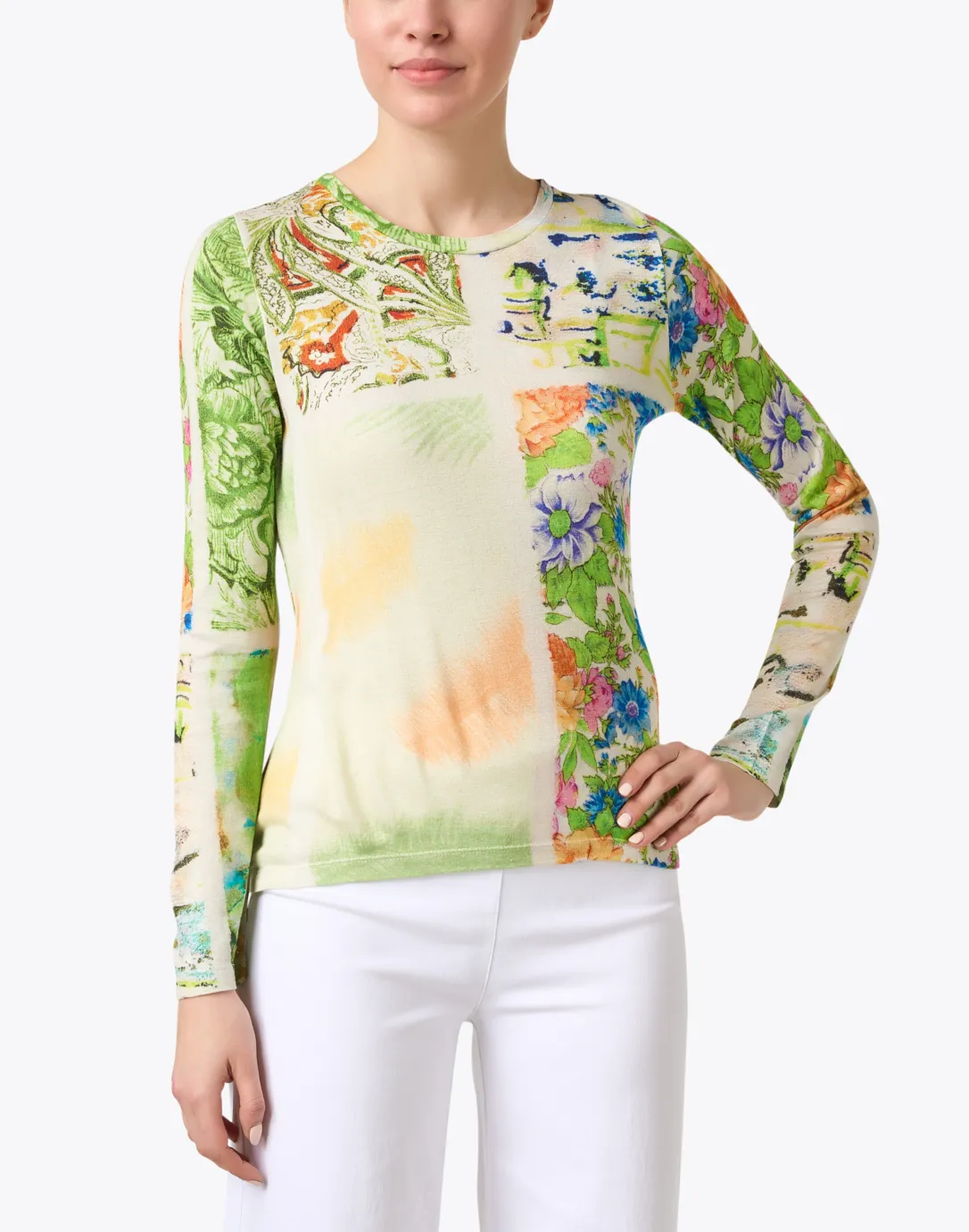 Green Floral Print Cashmere Silk Sweater