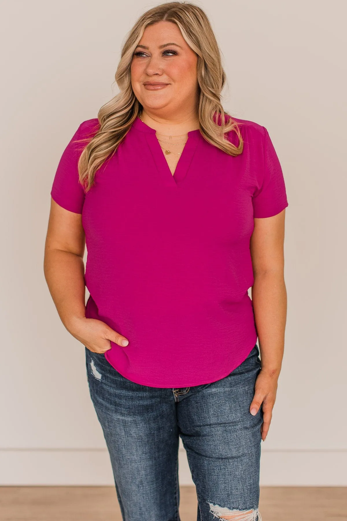 Inspire Romance V-Neck Blouse- Dark Fuchsia