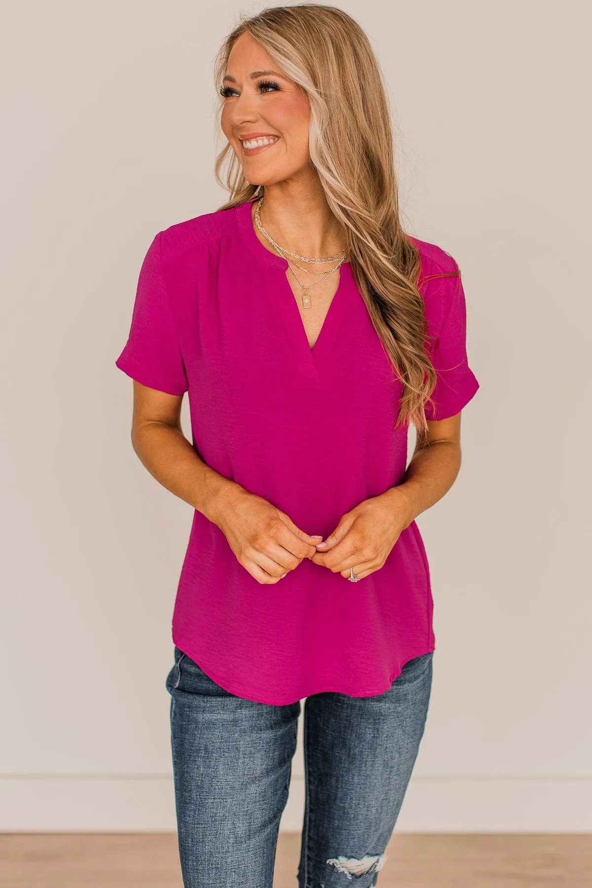 Inspire Romance V-Neck Blouse- Dark Fuchsia