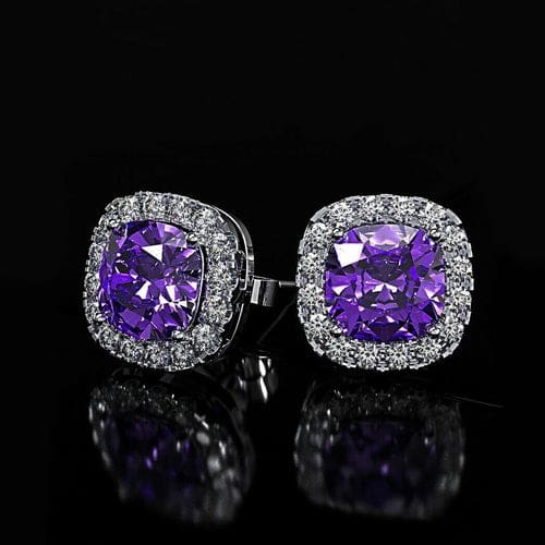 Iridescent Amethyst Gemstone Princess Halo Cut Stud Earring With