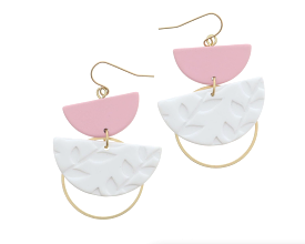 Jane Marie | Pink Half Circle, Leaf Design Half Circle, Gold Circle Accent Earring