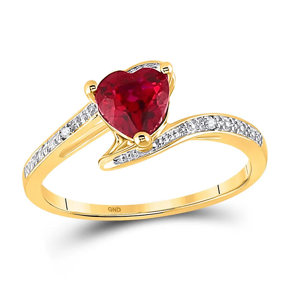 Keene Jewelers 10kt Yellow Gold Womens Heart Lab-Created Ruby Solitaire Diamond-accent Bypass Ring 1 Cttw