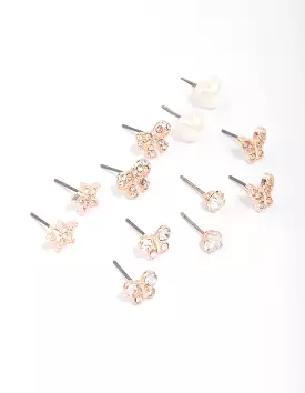 Kids Rose Gold Diamante Butterfly Stud Earring 6-Pack