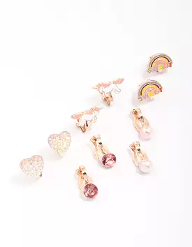 Kids Rose Gold Unicorn Clip On Earring 5-Pack