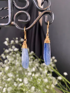 kyanite stone, wire wrapped gold earrings.