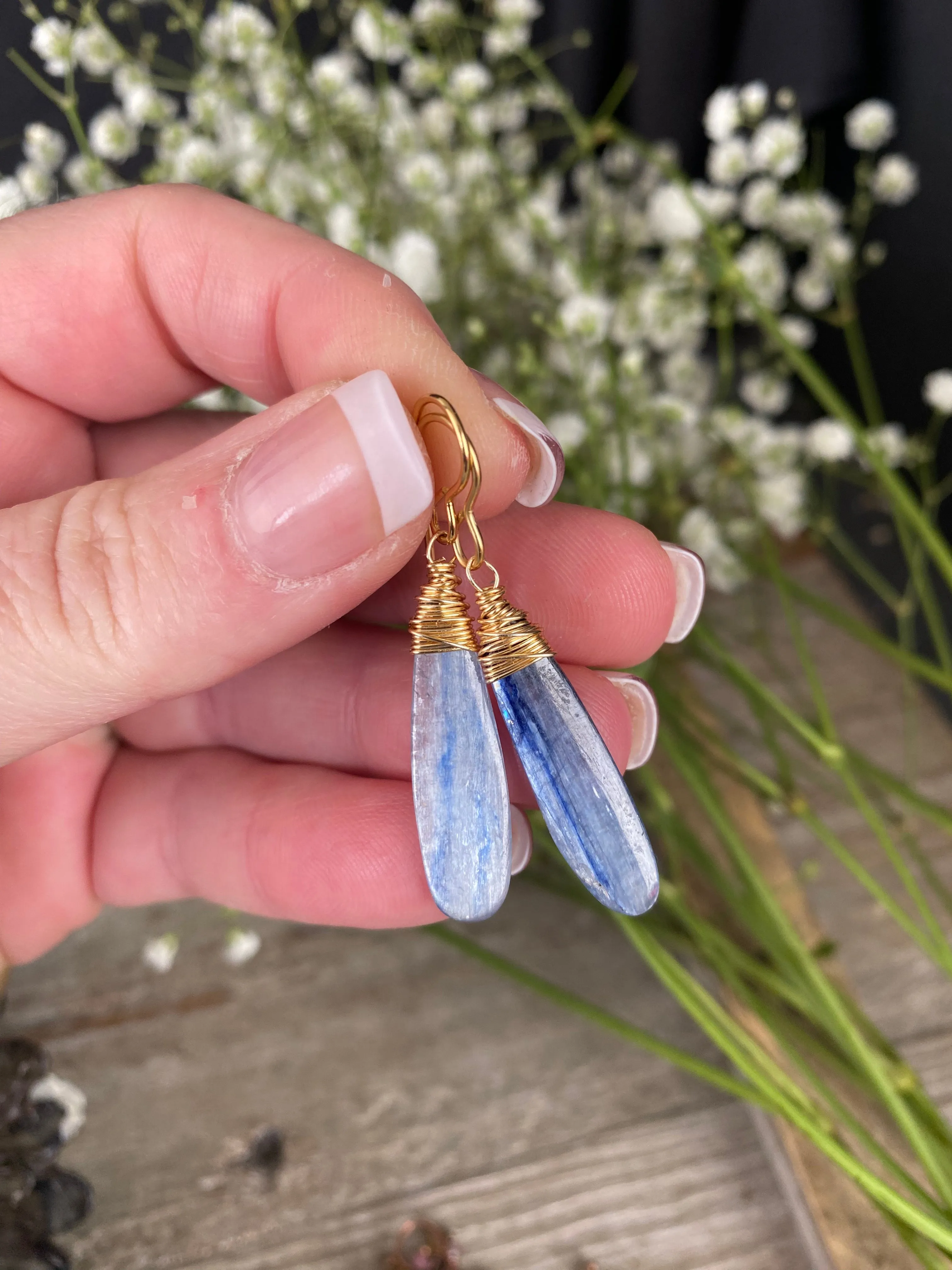 kyanite stone, wire wrapped gold earrings.