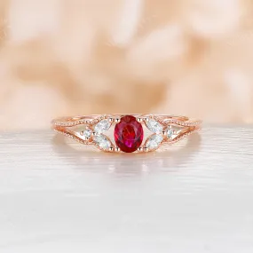 Lab Ruby Milgrain Side Stones Vintage Engagement Ring Rose Gold