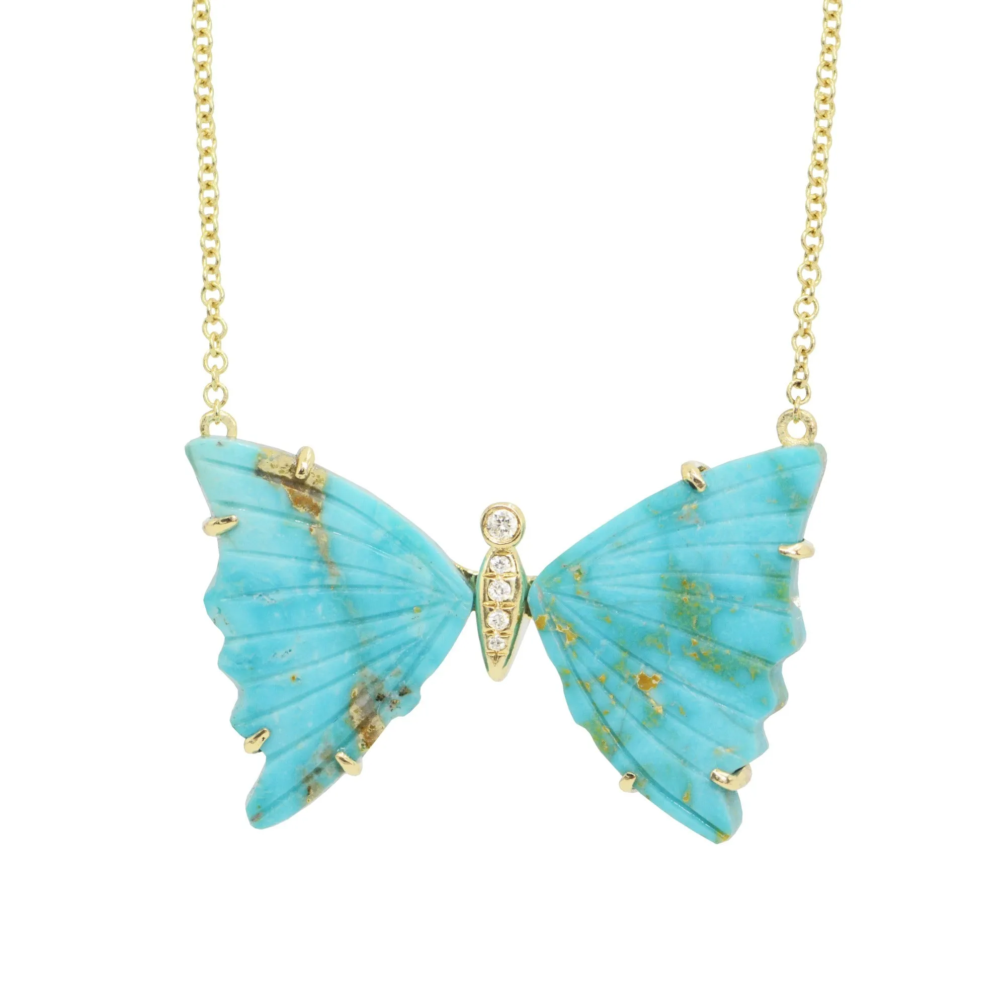 Large Turquoise Butterfly Necklace with Diamonds and Prongs