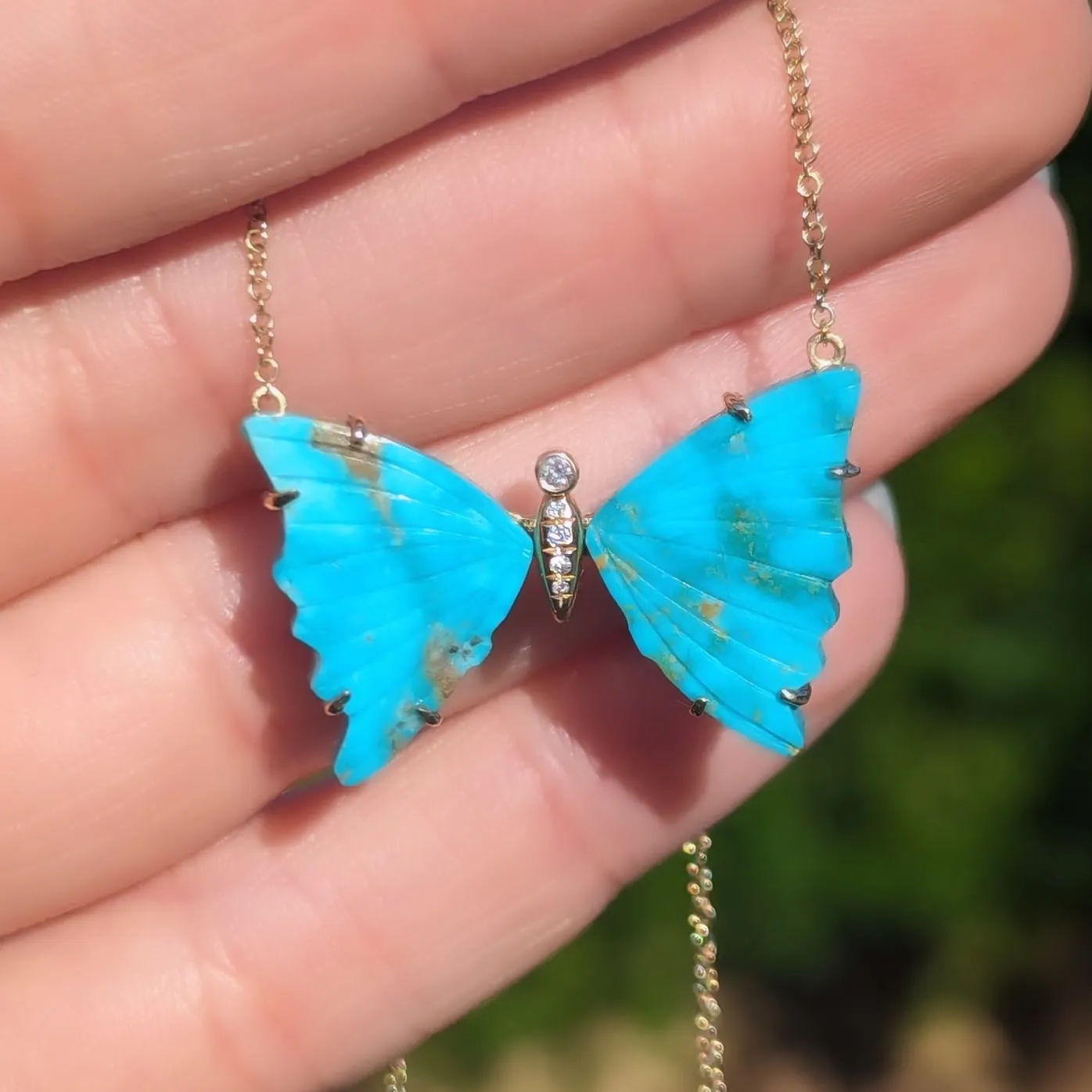 Large Turquoise Butterfly Necklace with Diamonds and Prongs