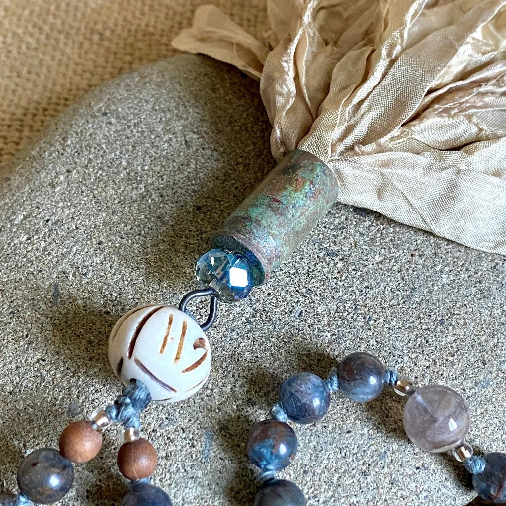 Mala with Kyanite, Labradorite, Palo Santo Beads, Sari Silk Tassel