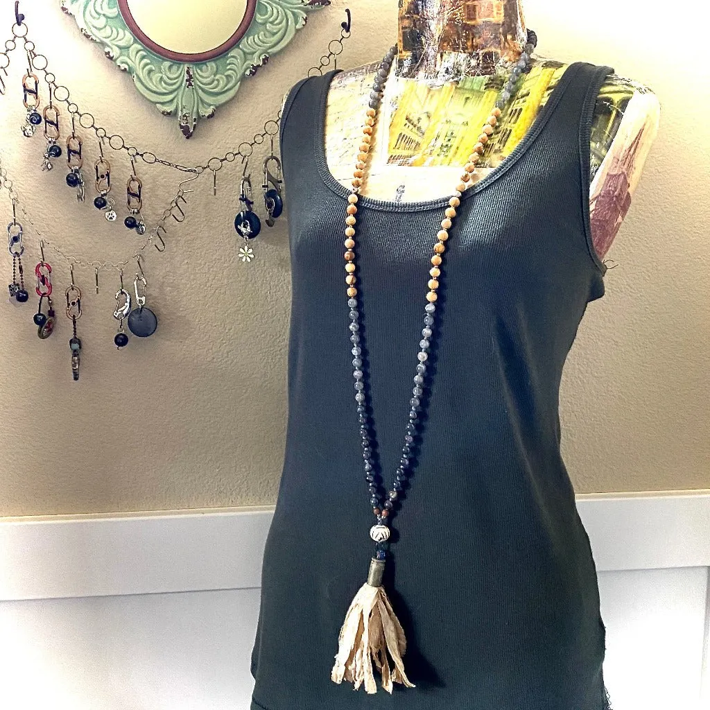 Mala with Kyanite, Labradorite, Palo Santo Beads, Sari Silk Tassel