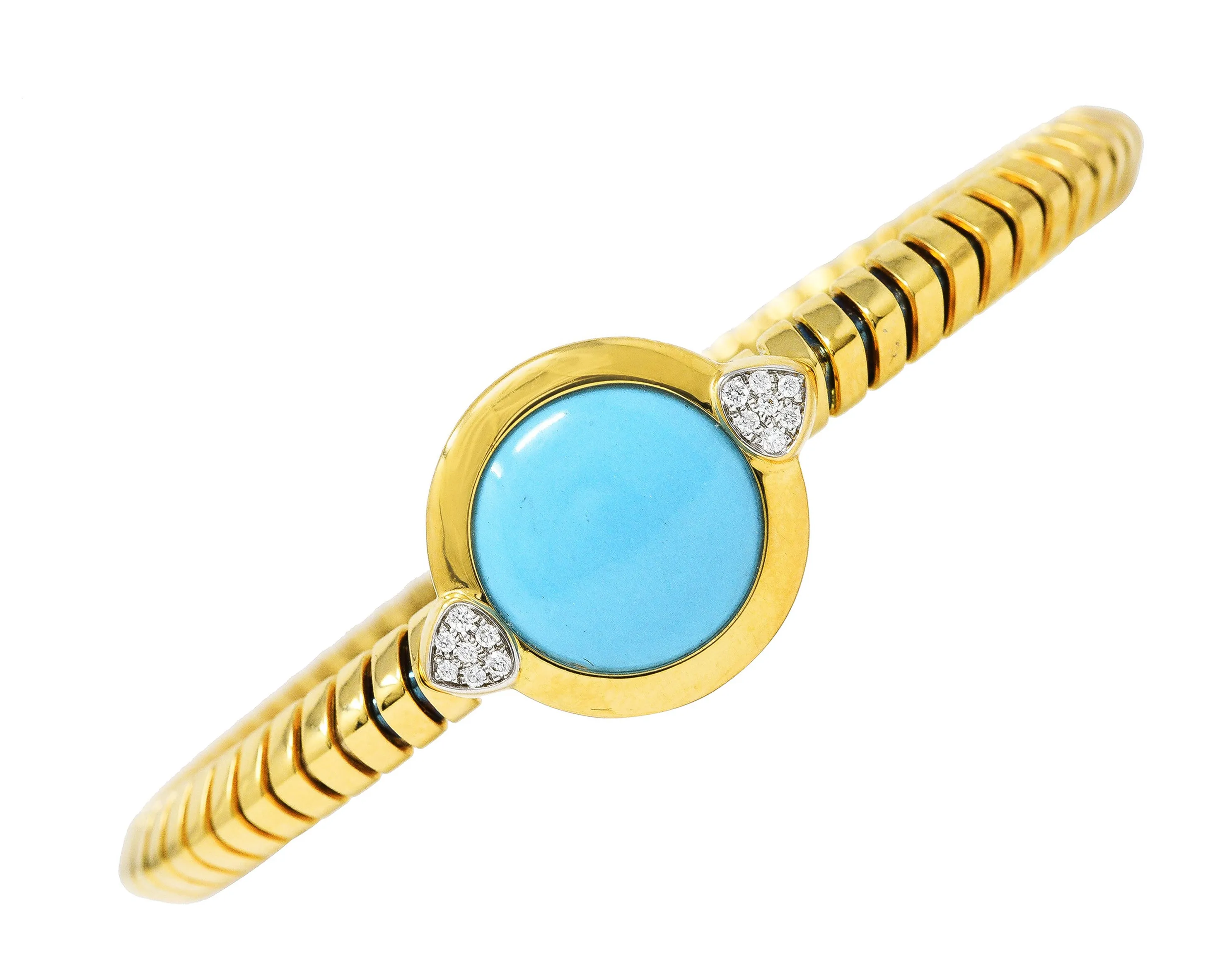 Marina B. Contemporary Diamond Turquoise Platinum 18 Karat Yellow Gold Soleil Vintage Tubogas Cuff