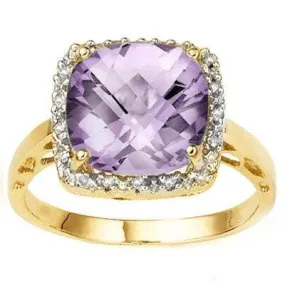 MESMERIZING 3.74 CT PINK AMETHYST & 16 PCS WHITE DIAMOND 10K SOLID YELLOW GOLD R