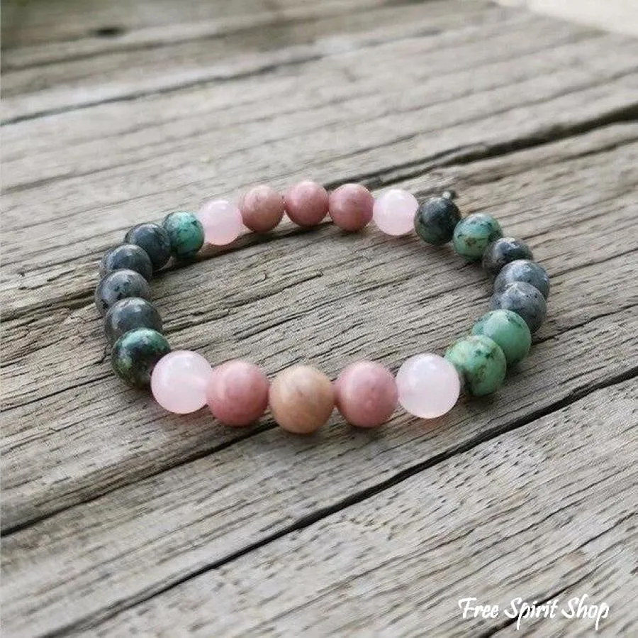 Natural African Turquoise Labradorite Rhodonite & Rose Quartz Bead Bracelet